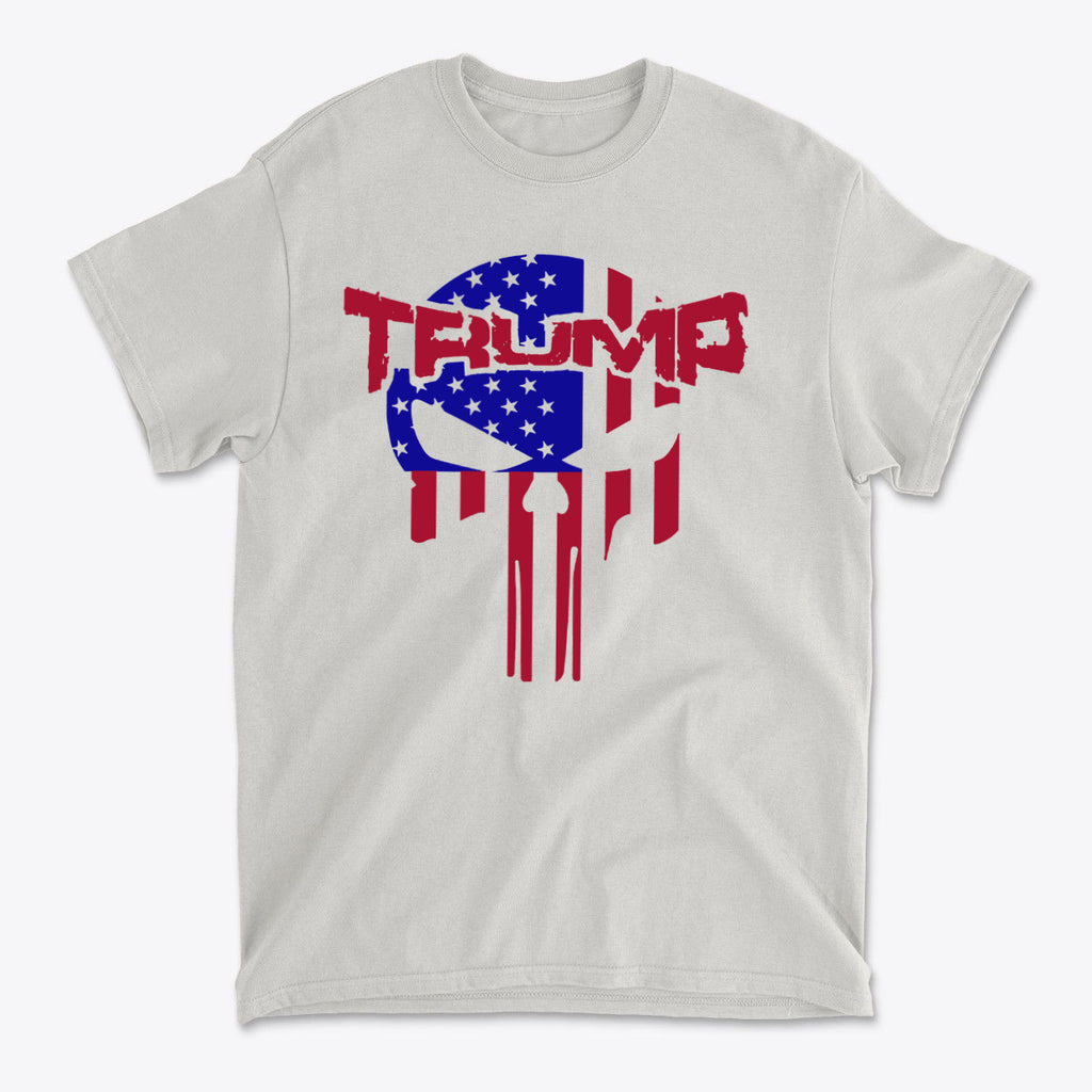 Trump Punisher In Stars And Stripes graphic t-shirt with patriotic design and colors.