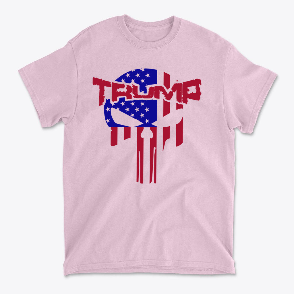 Trump Punisher In Stars And Stripes graphic t-shirt featuring patriotic design and bold colors.