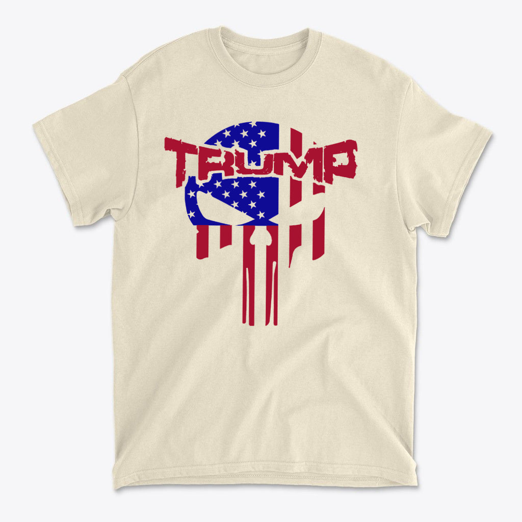Trump Punisher In Stars And Stripes t-shirt featuring a bold graphic and patriotic colors.