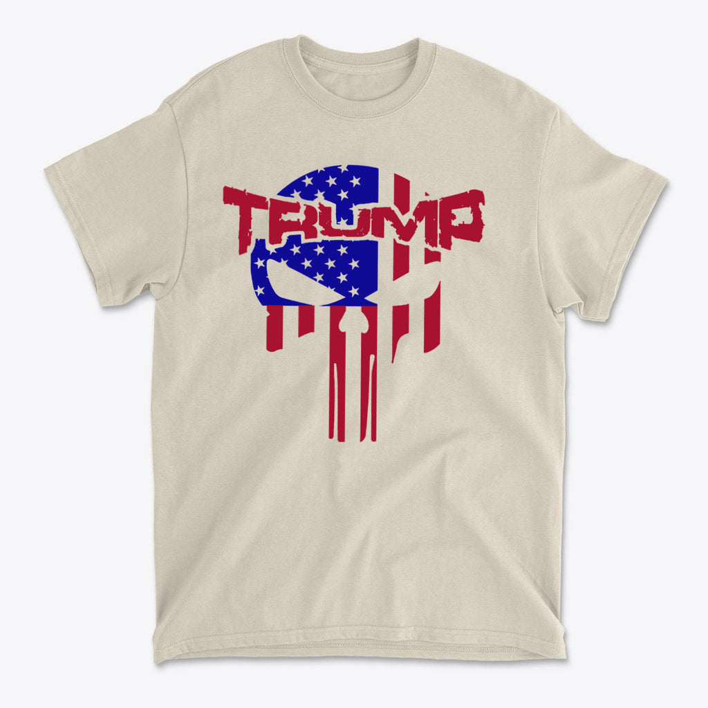 Trump Punisher In Stars And Stripes t-shirt featuring a bold design with American flag colors.
