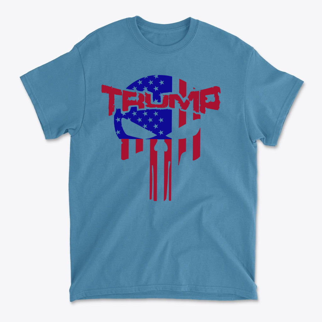 Trump Punisher In Stars And Stripes graphic t-shirt featuring a blue background and red, white, and blue design.