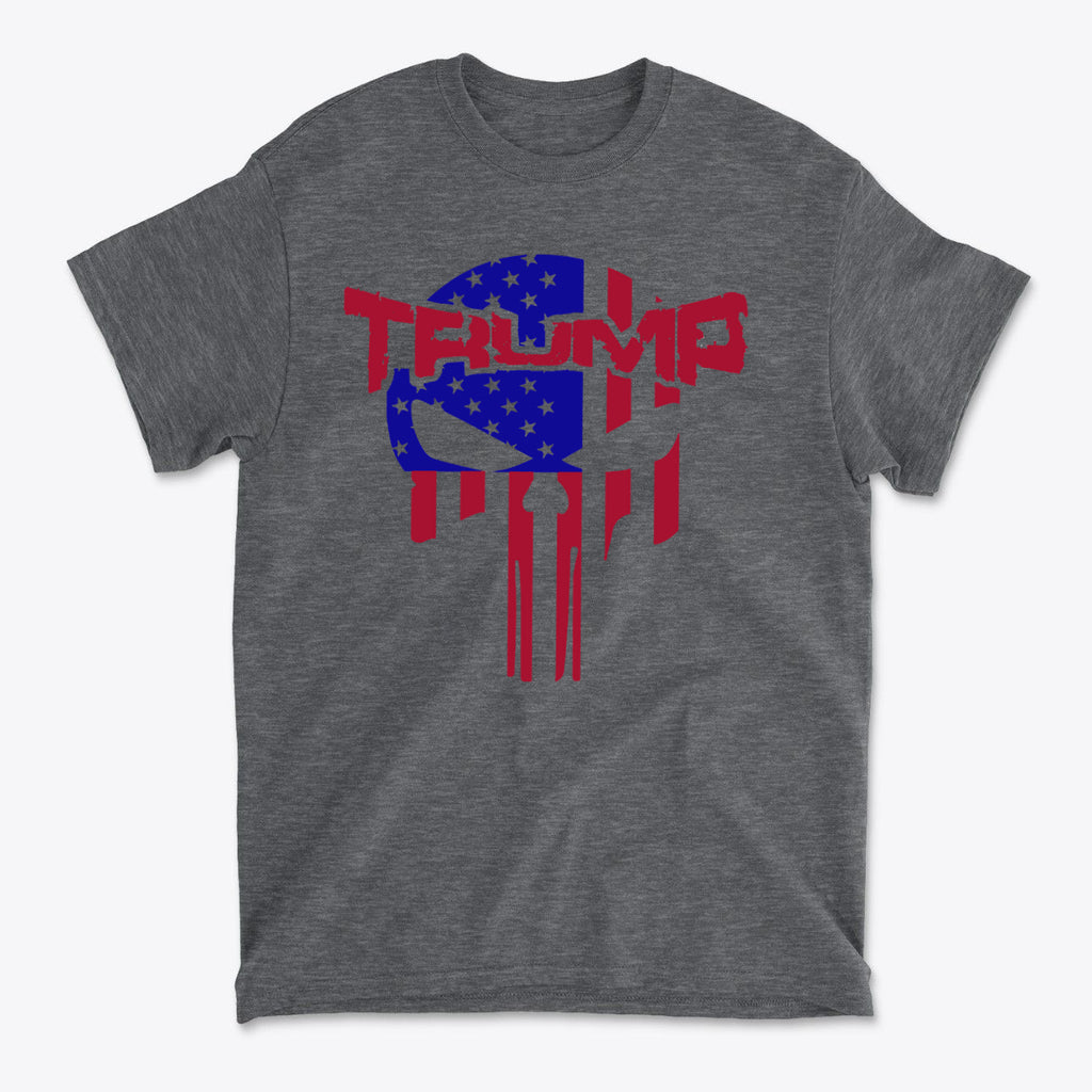 Trump Punisher In Stars And Stripes graphic t-shirt showcasing patriotic design with blue and red colors.