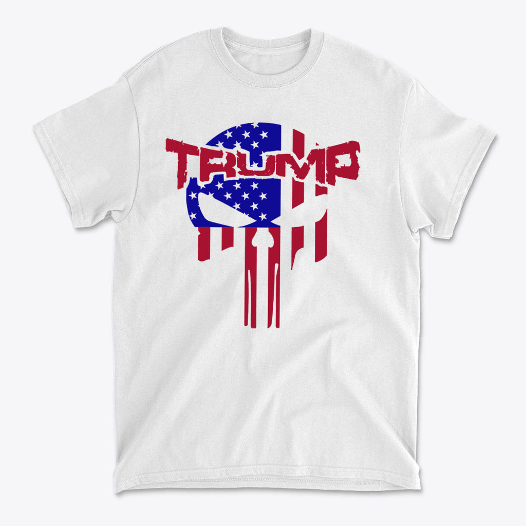 Trump Punisher In Stars And Stripes graphic t-shirt featuring patriotic colors and design.