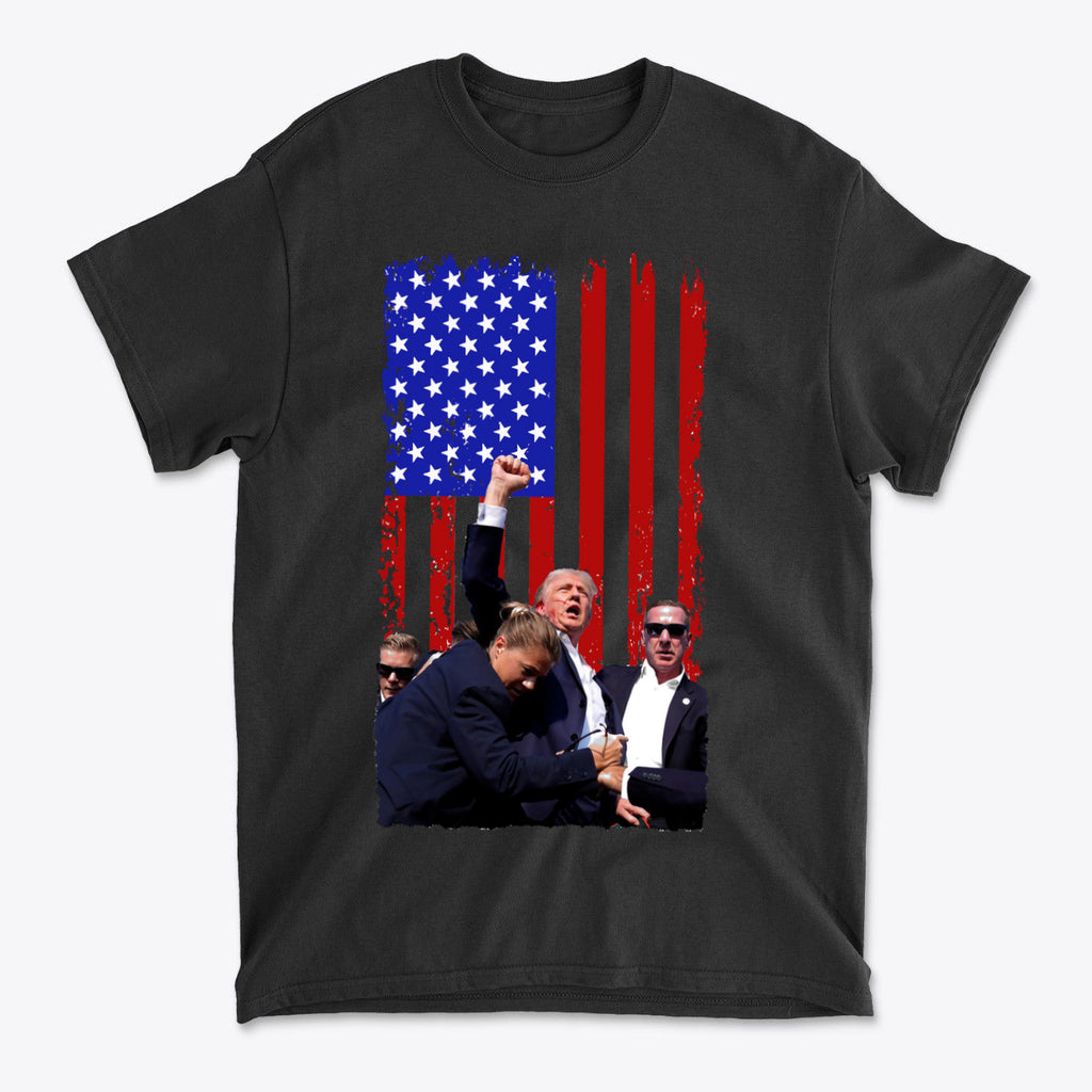 Trump Shot American Flag Design t-shirt featuring patriotic colors and design elements.