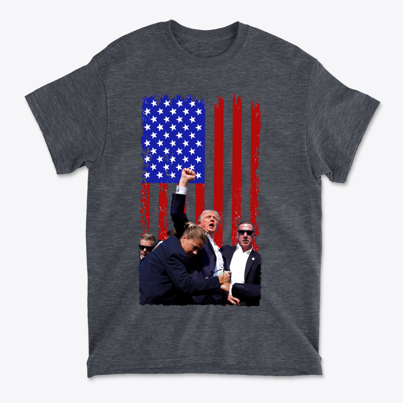 Trump Shot American Flag Design t-shirt featuring patriotic graphic with American flag background and Trump figure.