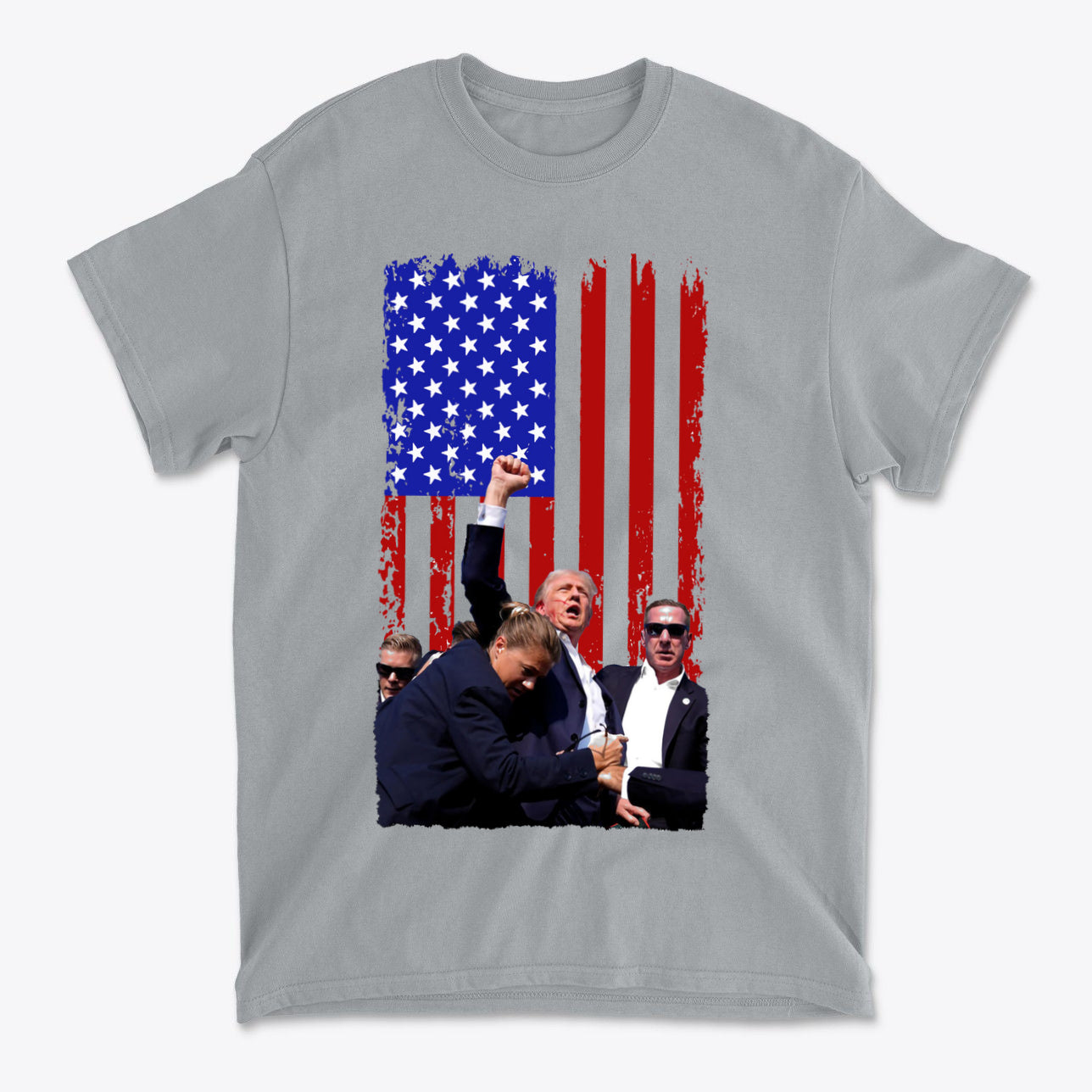 Trump Shot American Flag Design T-shirt featuring patriotic design with American flag and Trump