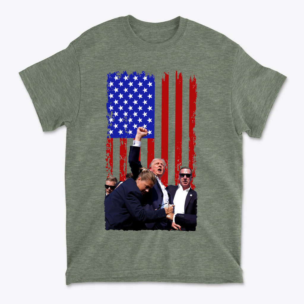 Trump Shot American Flag Design t-shirt featuring a distressed American flag background.