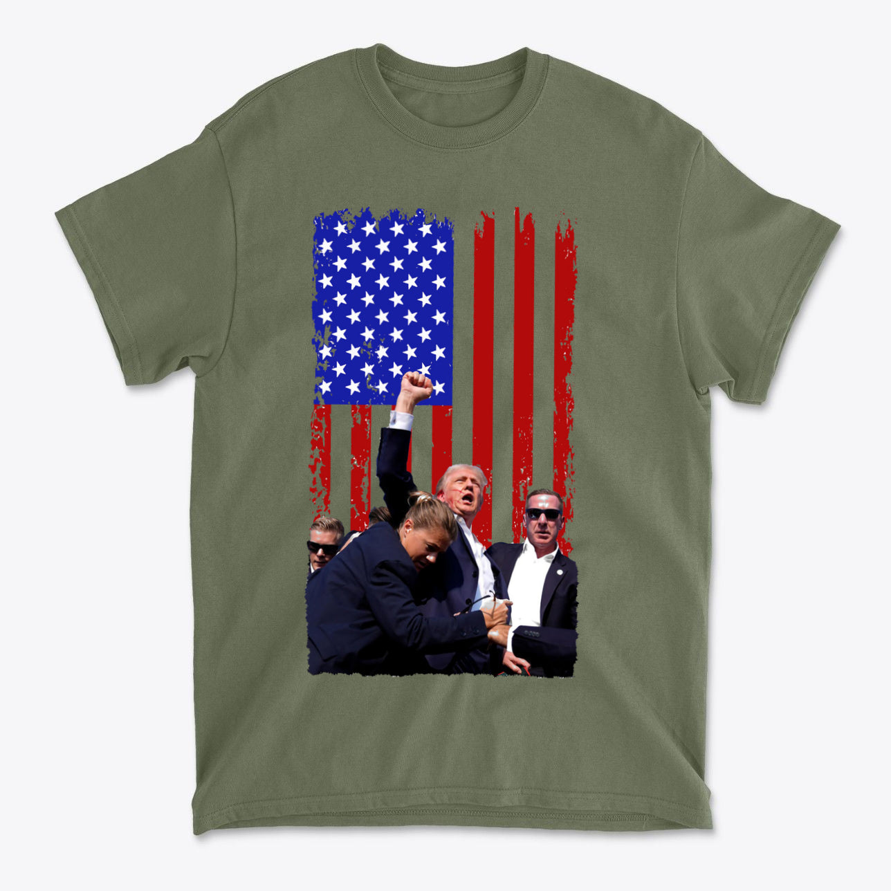 Trump Shot American Flag Design t-shirt featuring an American flag background and a rally scene.