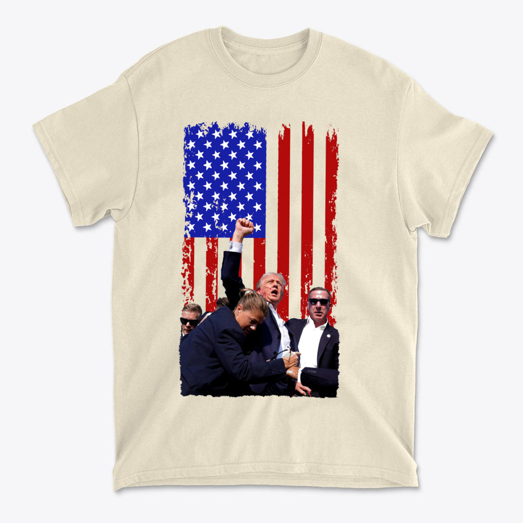 Trump Shot American Flag Design t-shirt featuring flag design and patriotic imagery.