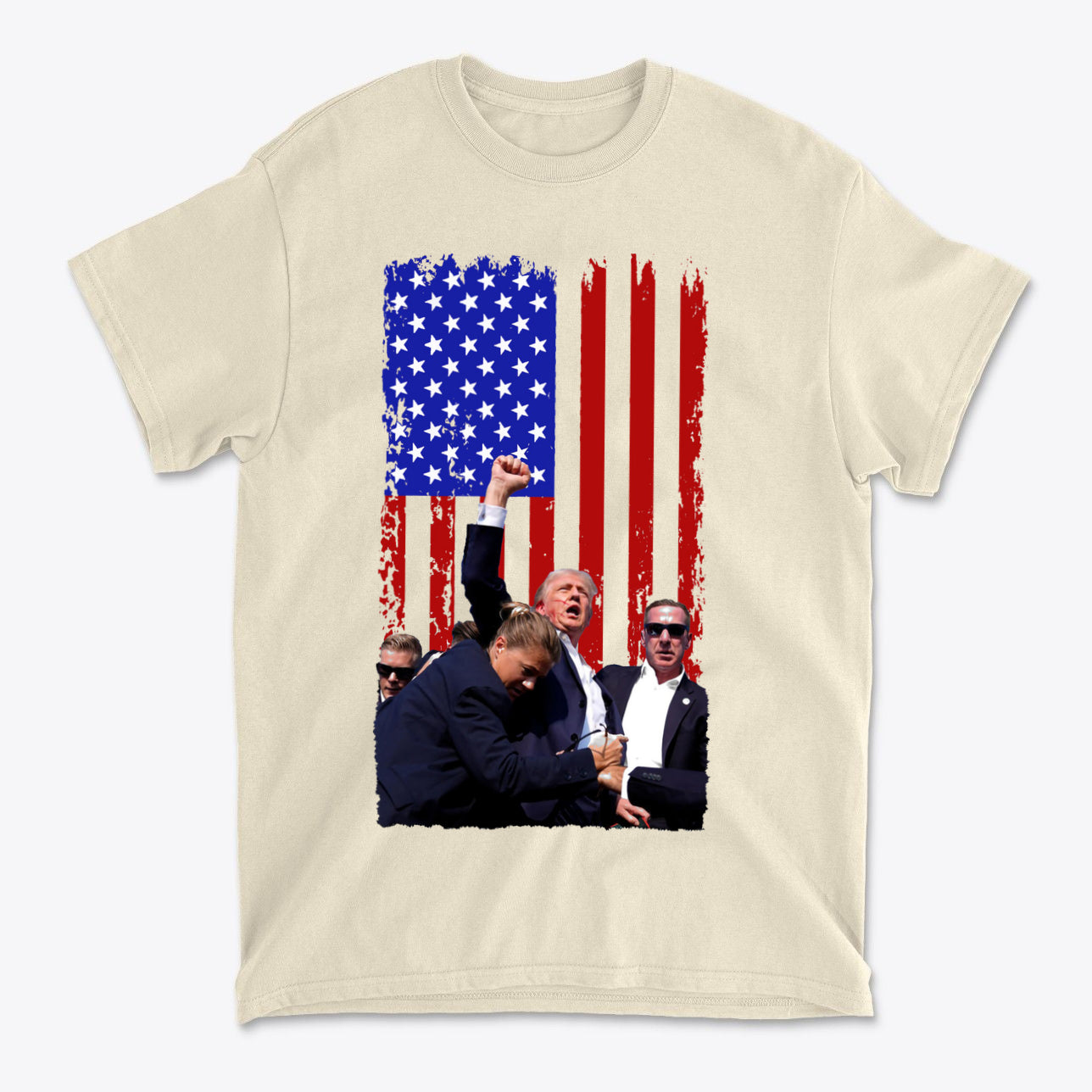 Trump Shot American Flag Design t-shirt featuring flag design and patriotic imagery.