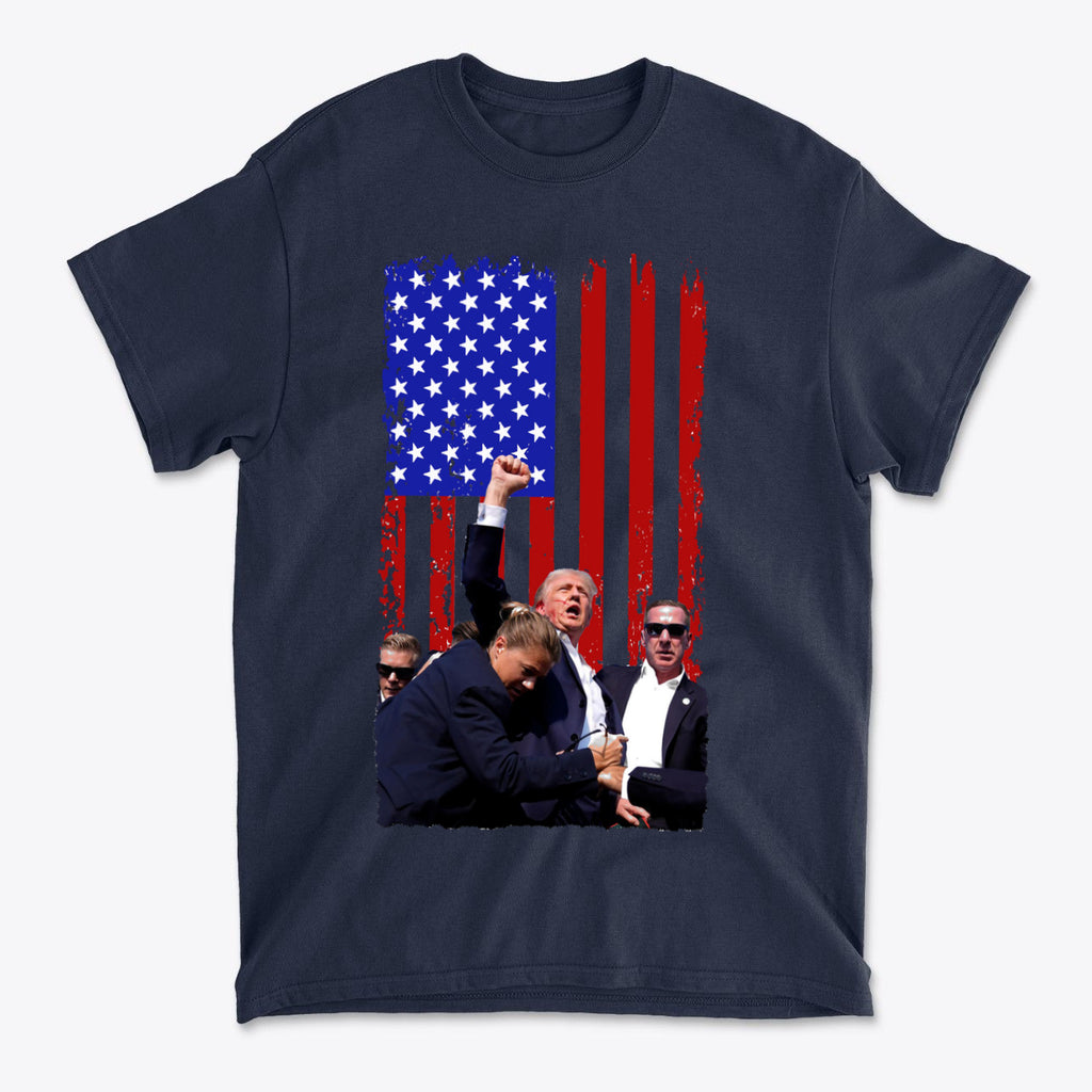 Trump Shot American Flag Design T-shirt featuring patriotic imagery and a bold design.