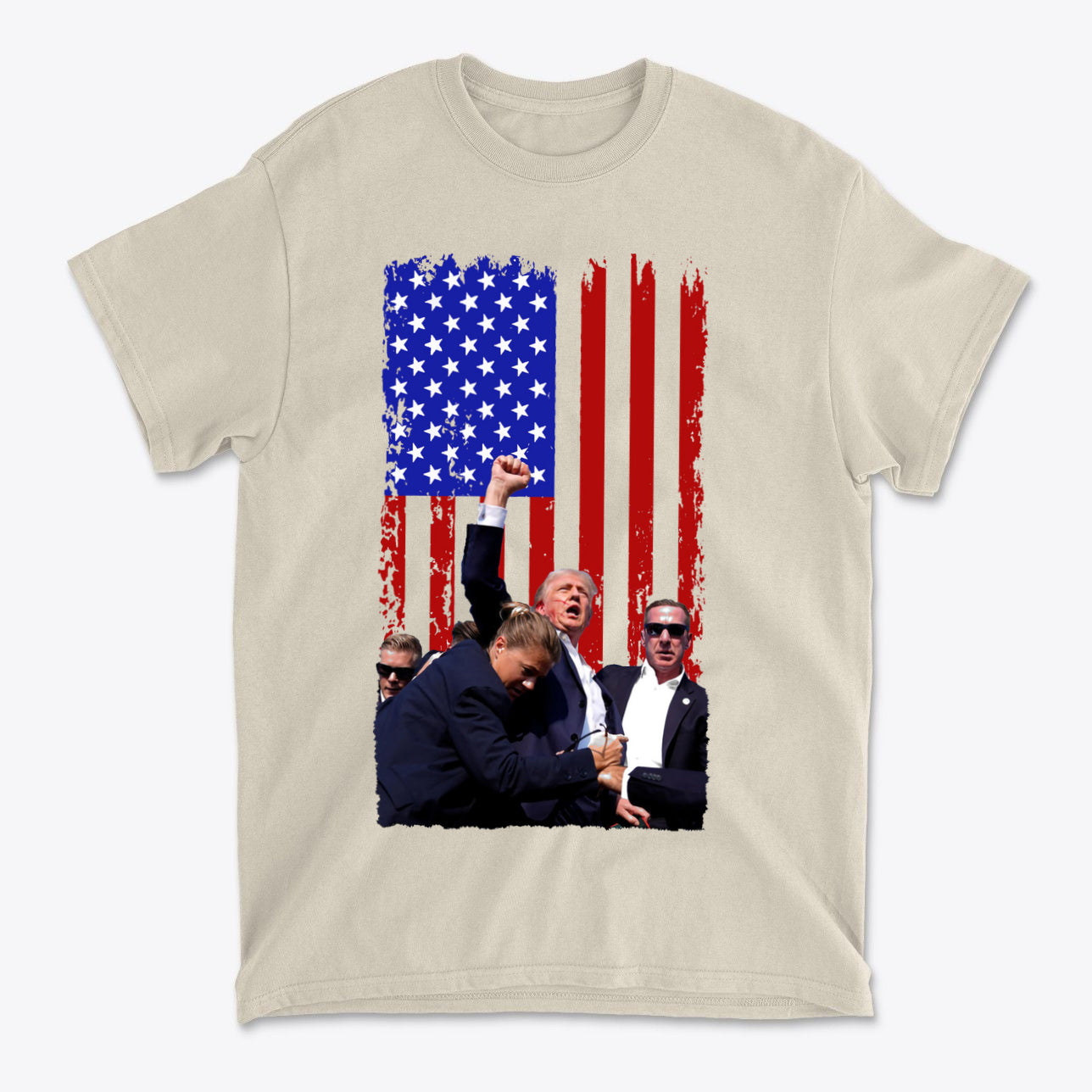 Trump Shot American Flag Design t-shirt featuring bold American flag background and iconic gesture.