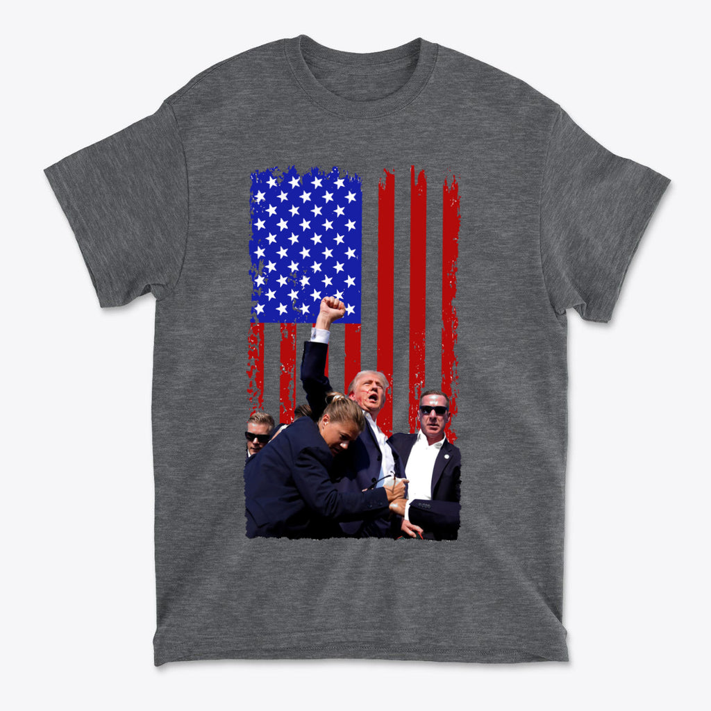 Trump Shot American Flag Design on a grey t-shirt featuring a patriotic theme with an American flag background.