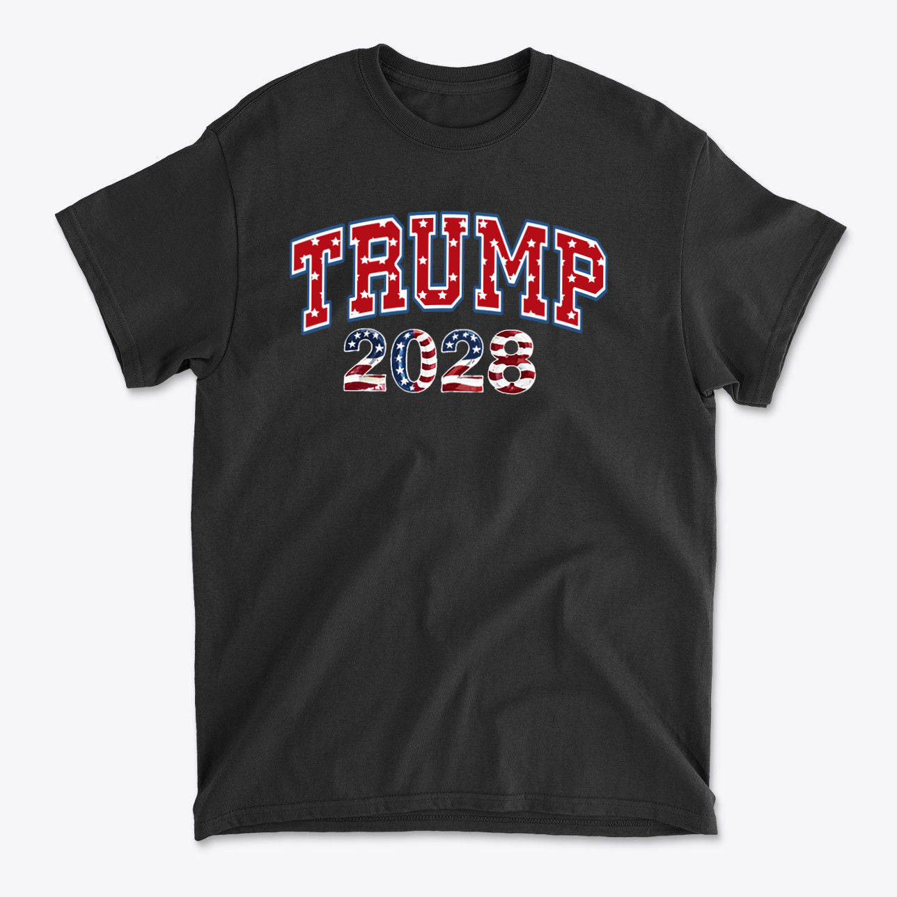 Trump 2028 Flag Design Graphic t-shirt featuring patriotic red, white, and blue colors.