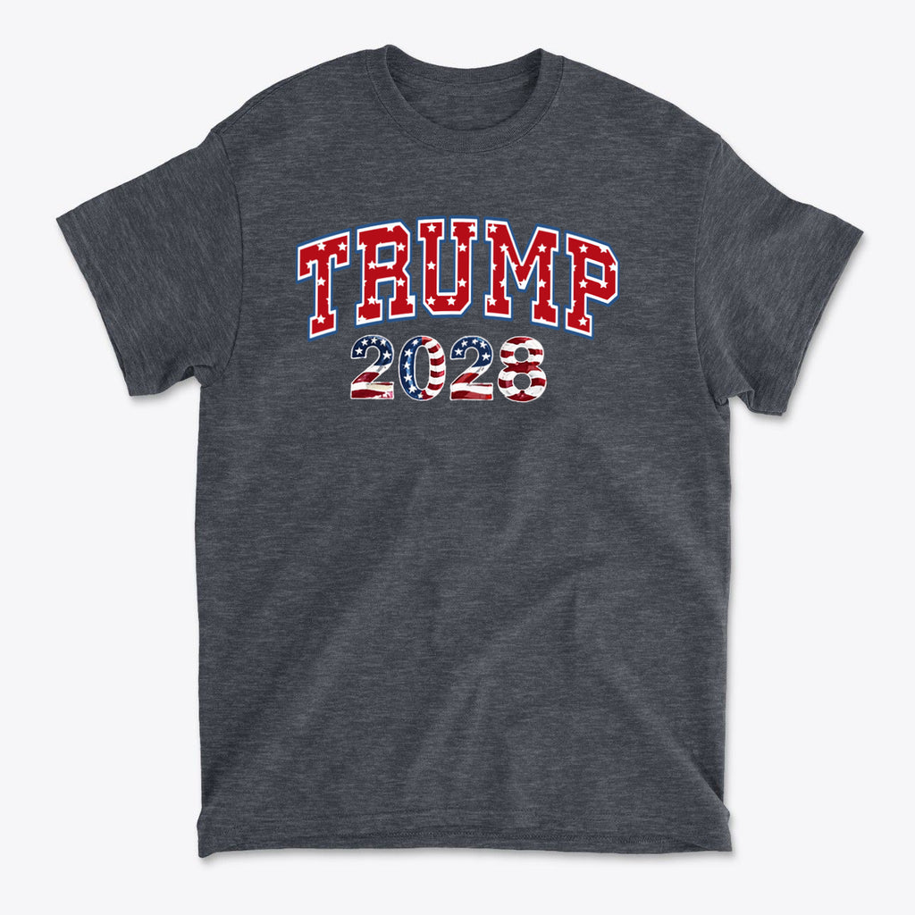 Trump 2028 Flag Design Graphic on a gray t-shirt showcasing patriotic colors and support for Trump's campaign.
