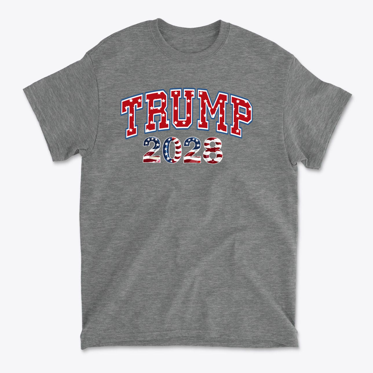 Trump 2028 Flag Design Graphic t-shirt featuring patriotic colors and bold lettering.