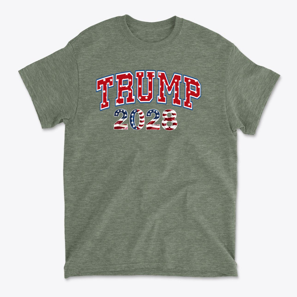 Trump 2028 Flag Design Graphic t-shirt featuring patriotic design with American flag colors.