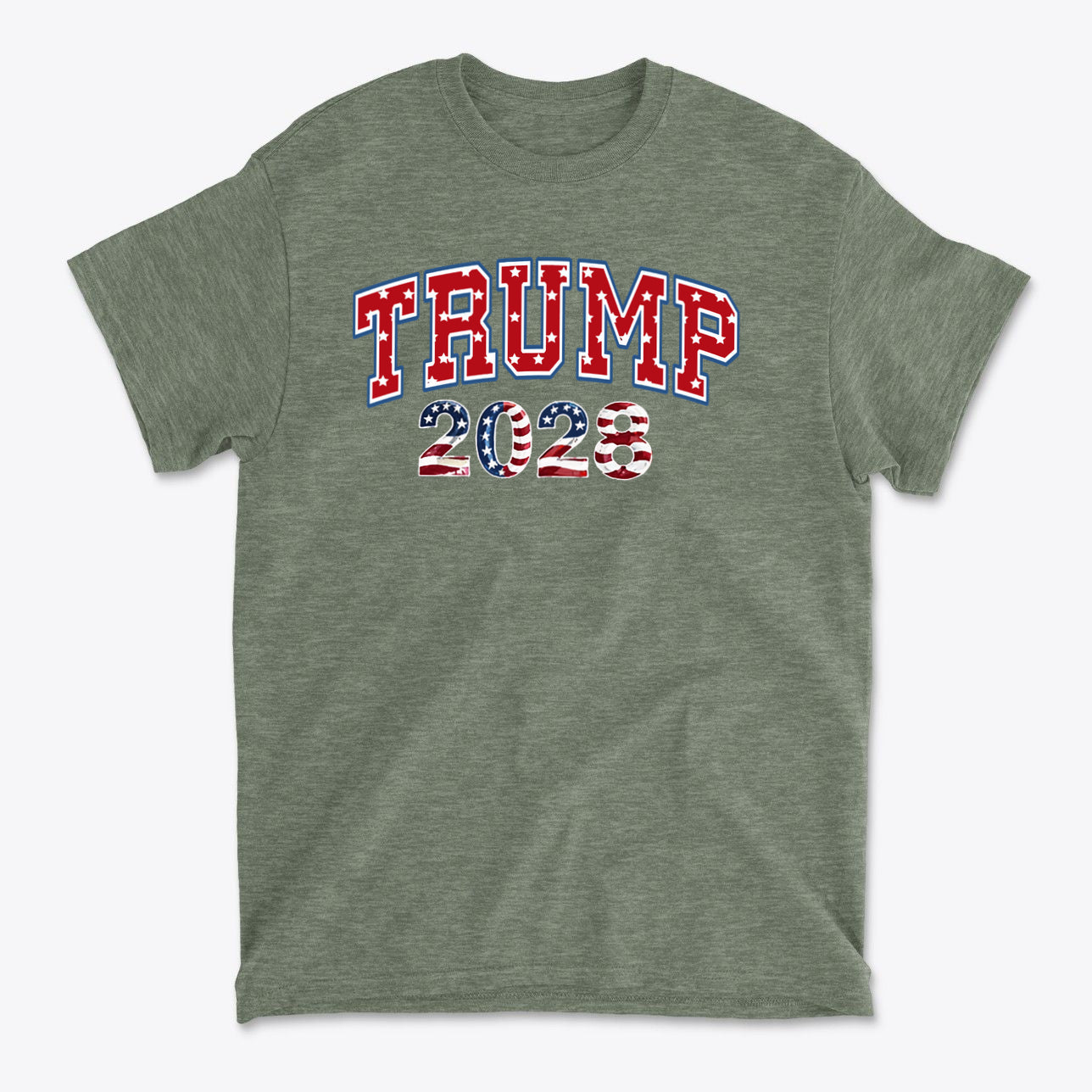 Trump 2028 Flag Design Graphic t-shirt featuring patriotic design with American flag colors.