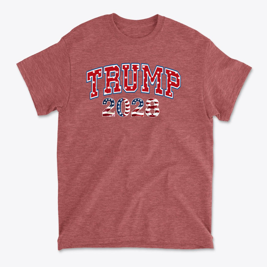 Trump 2028 Flag Design Graphic red t-shirt featuring patriotic colors and bold lettering.