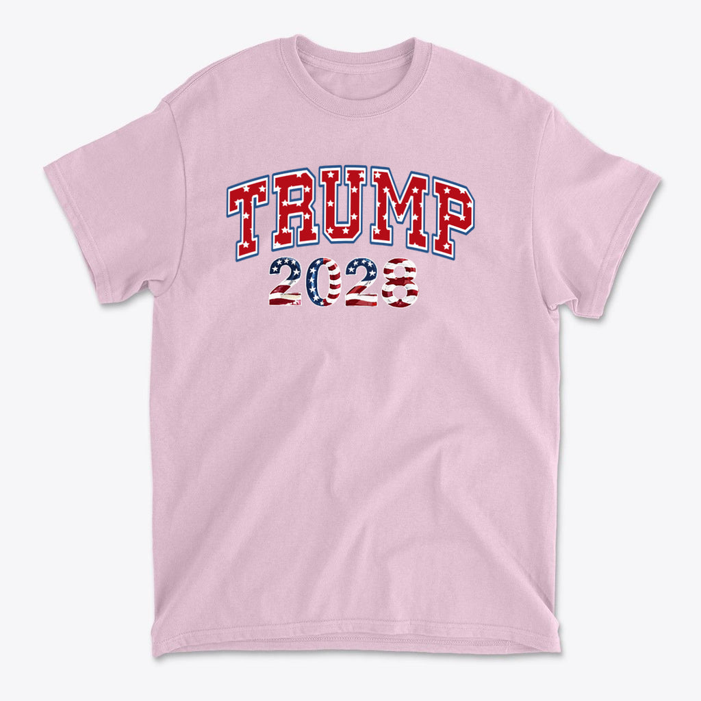 Trump 2028 Flag Design Graphic on a pink t-shirt showcasing patriotic colors and bold lettering.