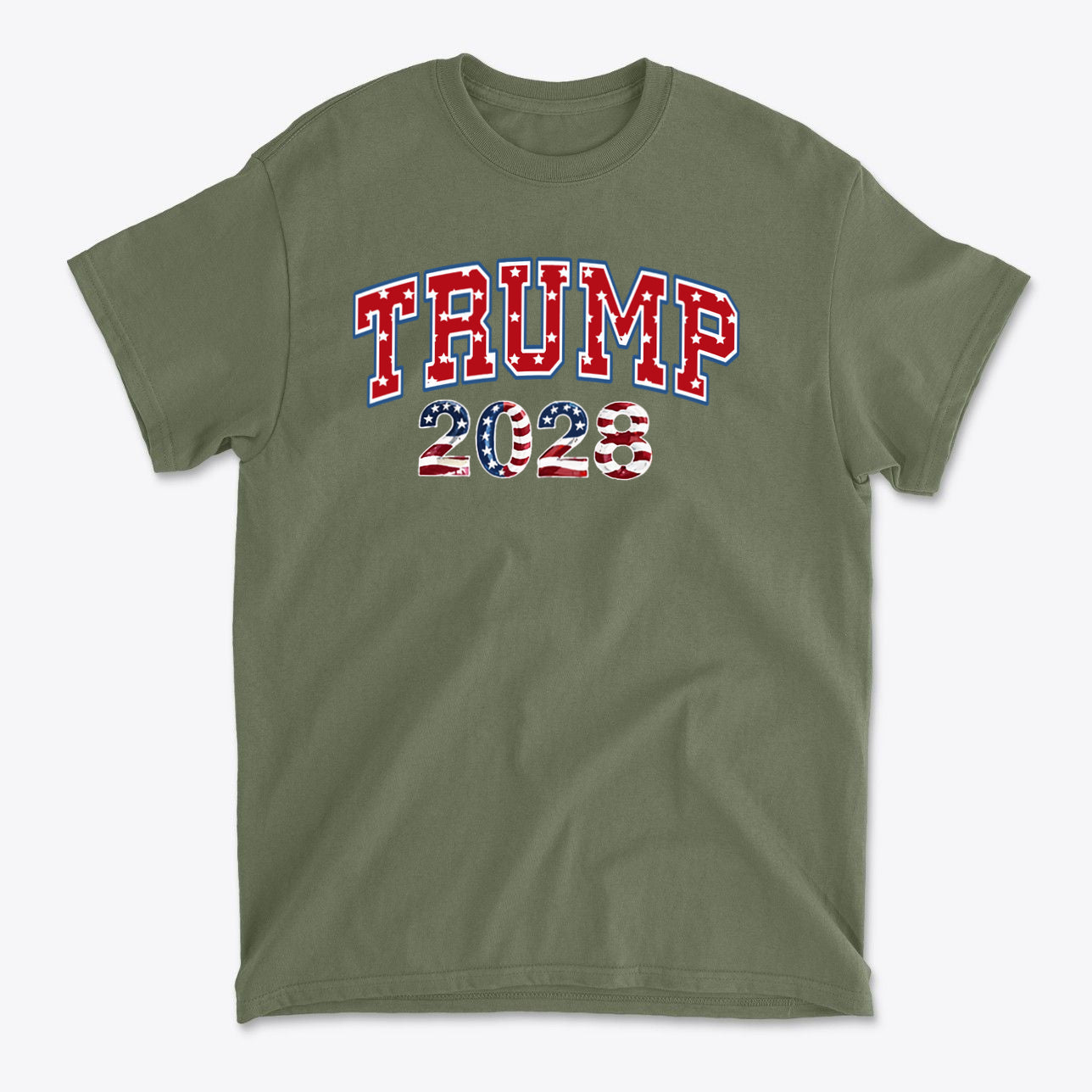 Trump 2028 Flag Design Graphic t-shirt featuring bold red, white, and blue colors and patriotic design.
