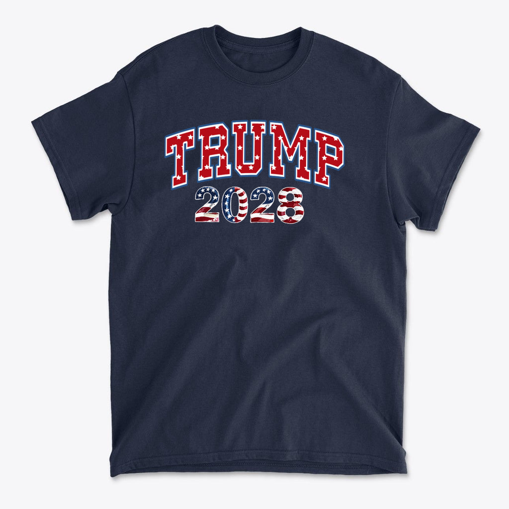Trump 2028 Flag Design Graphic navy t-shirt featuring bold red and white lettering.