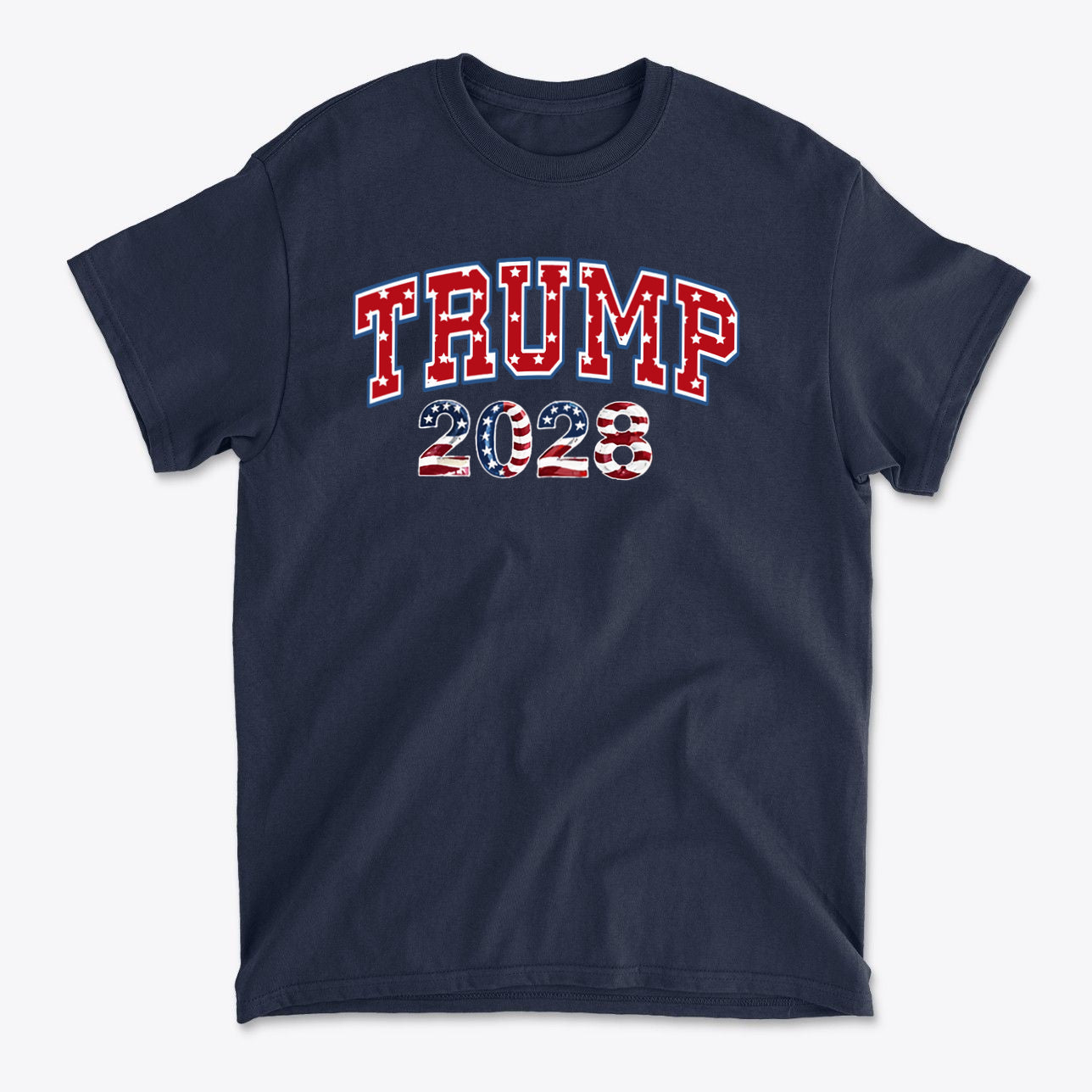 Trump 2028 Flag Design Graphic navy t-shirt featuring bold red and white lettering.