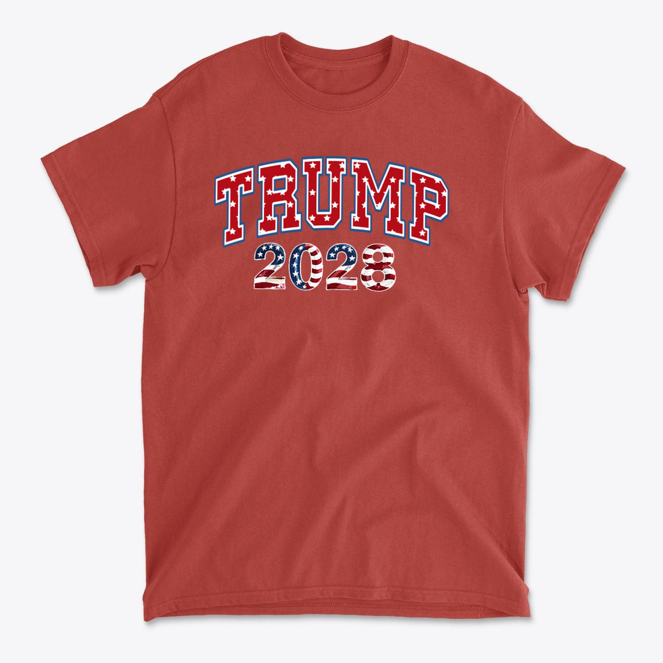 Trump 2028 Flag Design Graphic red t-shirt with bold lettering showcasing patriotic colors and design.