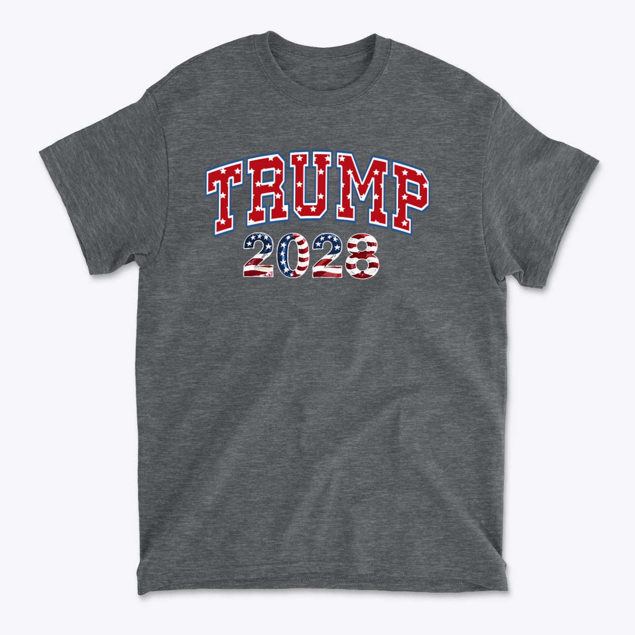 Trump 2028 Flag Design Graphic on a gray t-shirt featuring patriotic colors and bold lettering.
