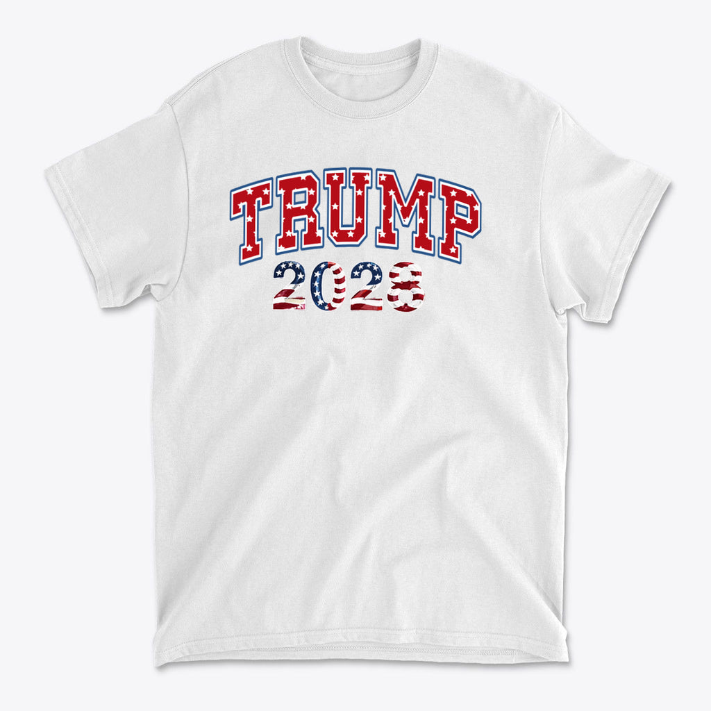 Trump 2028 Flag Design Graphic white t-shirt featuring bold lettering in patriotic colors.