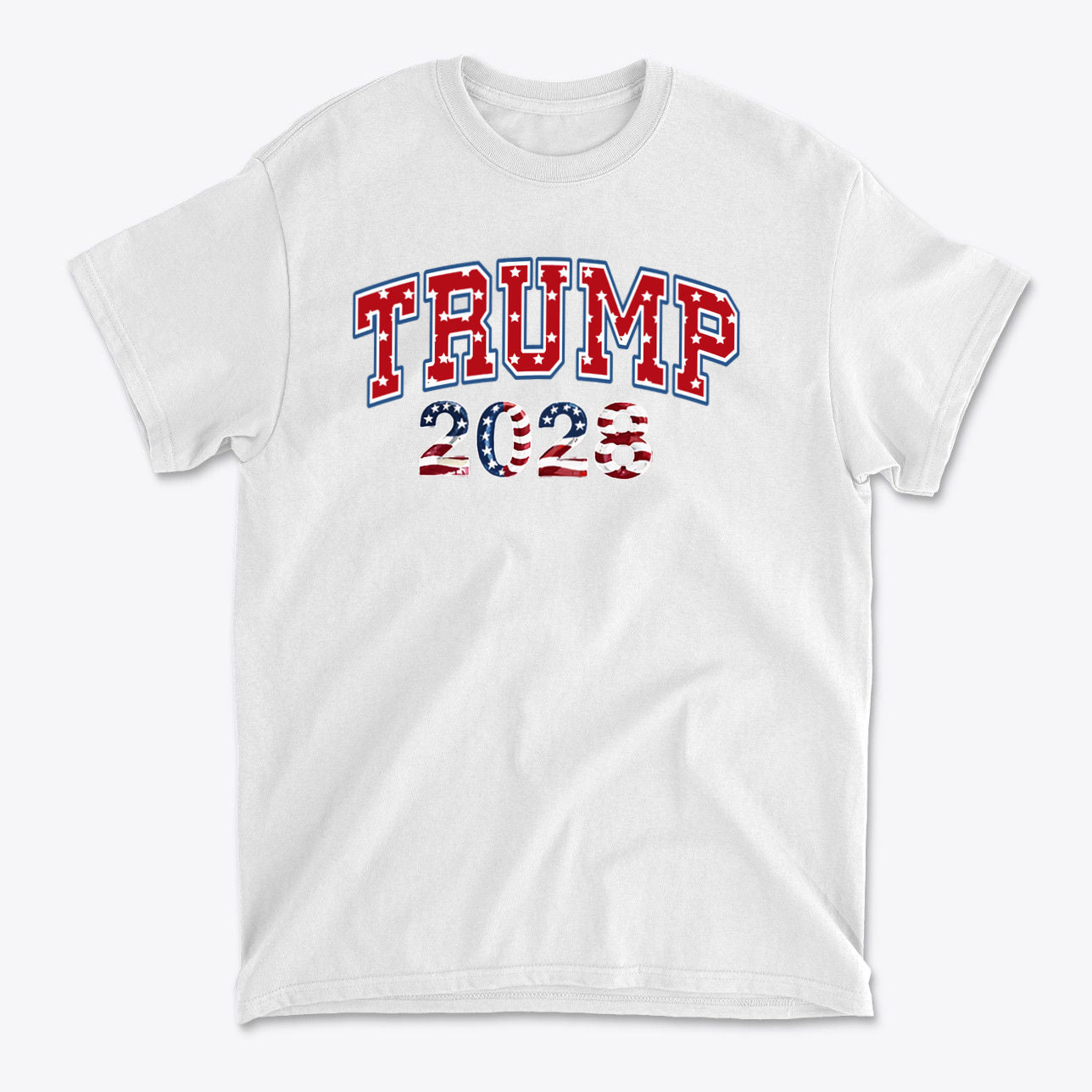 Trump 2028 Flag Design Graphic white t-shirt featuring bold lettering in patriotic colors.