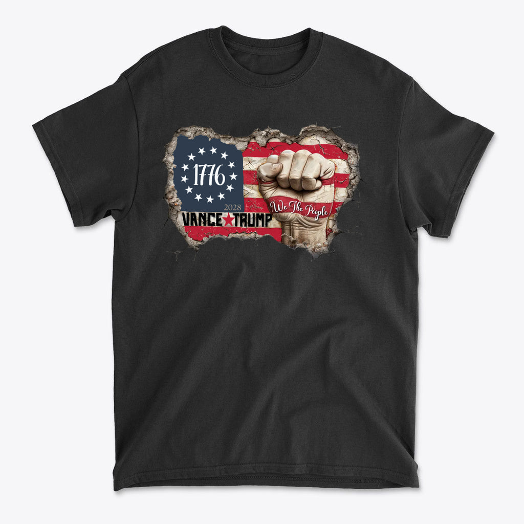 Vance Trump 2028 We The People black t-shirt featuring patriotic design with 1776 and fist graphic.