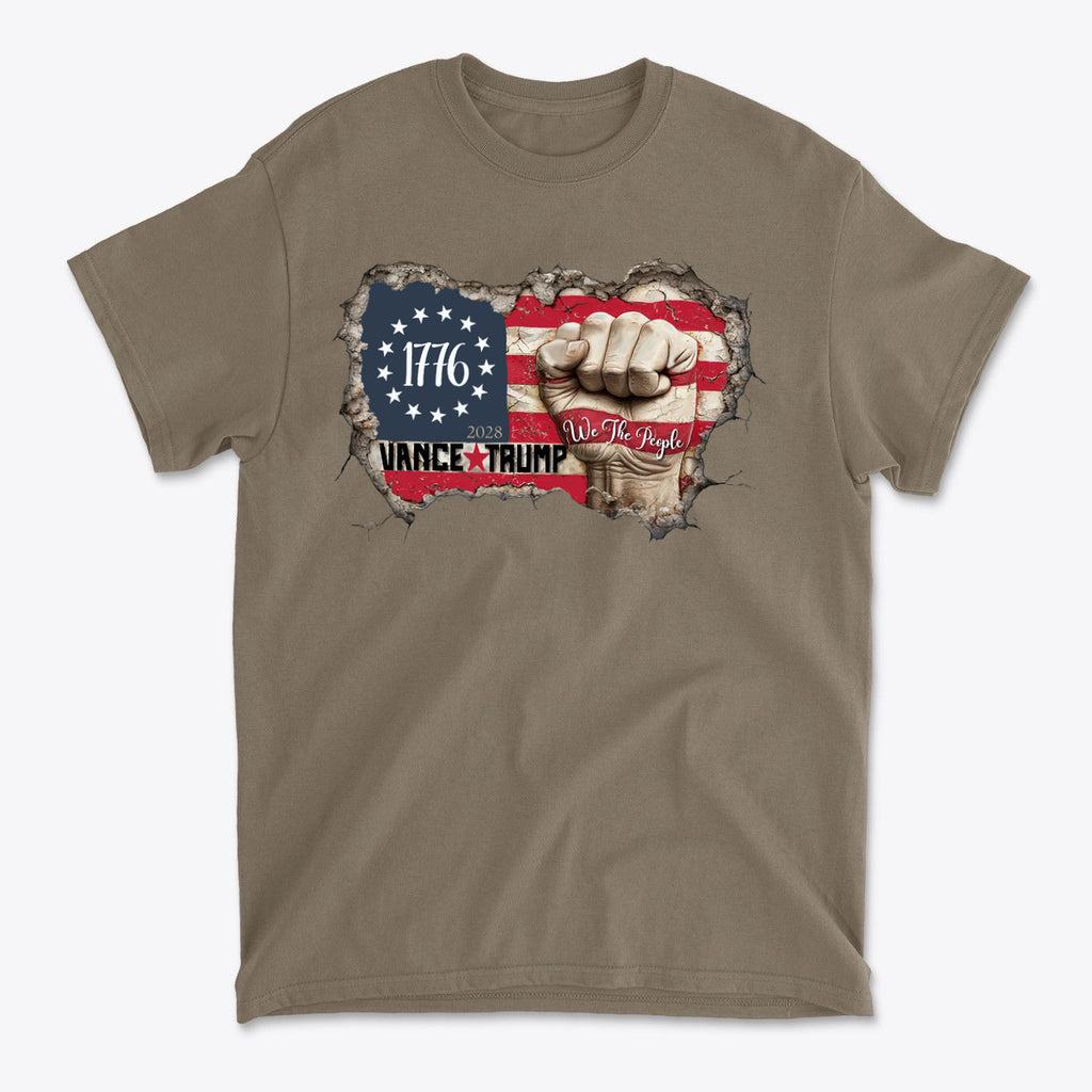 Vance Trump 2028 We The People t-shirt featuring a patriotic design with a fist and American flag.