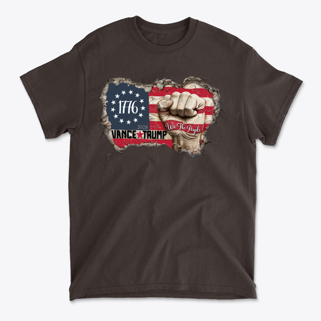 Vance Trump 2028 We The People t-shirt with patriotic design and raised fist graphic.
