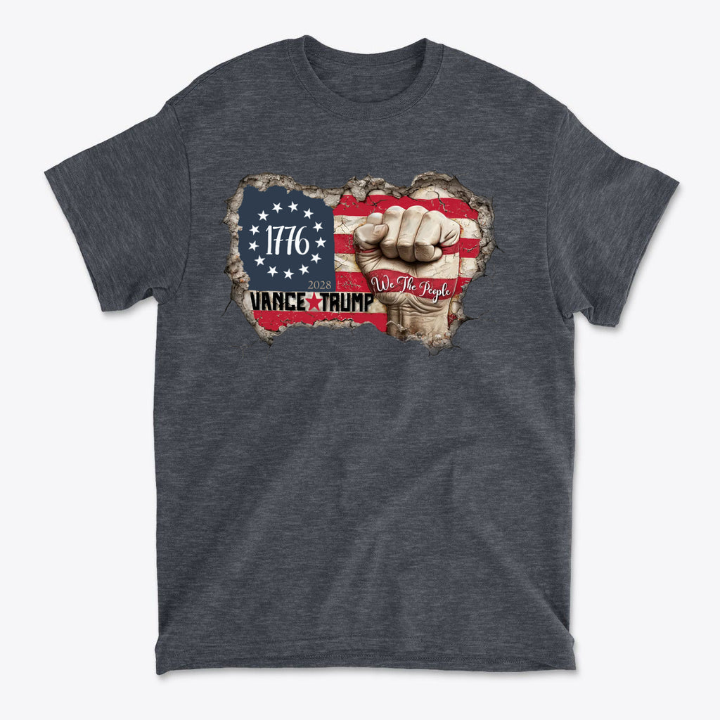 Vance Trump 2028 We The People graphic tee featuring patriotic design and fist emblem.