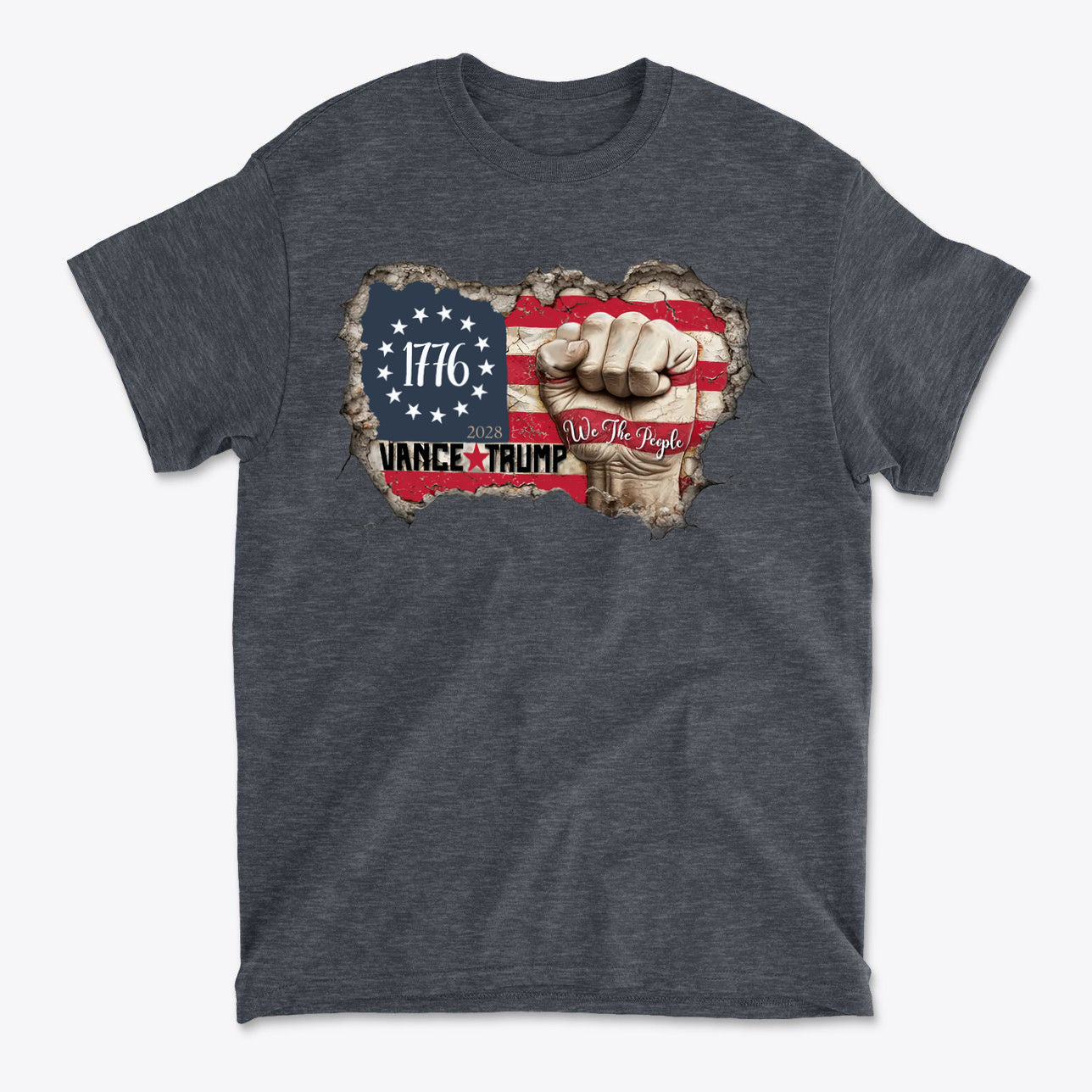 Vance Trump 2028 We The People graphic tee featuring patriotic design and fist emblem.