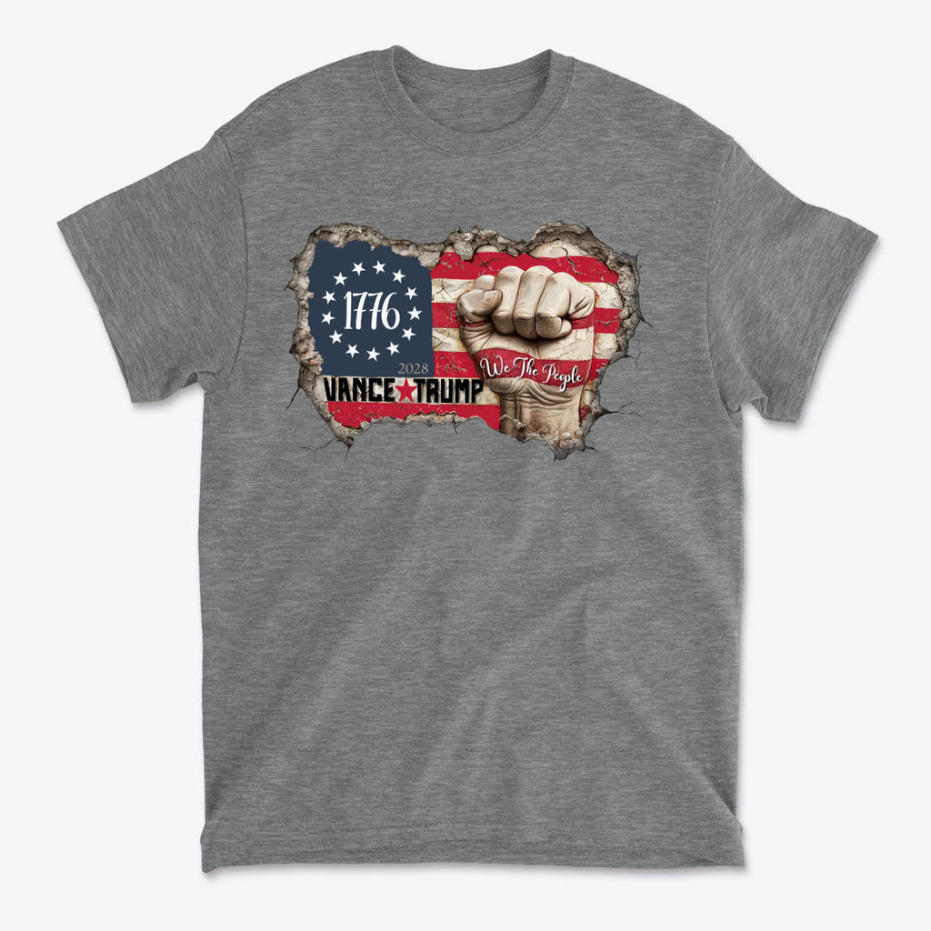 Vance Trump 2028 We The People shirt featuring an American flag design with fists and patriotic elements.