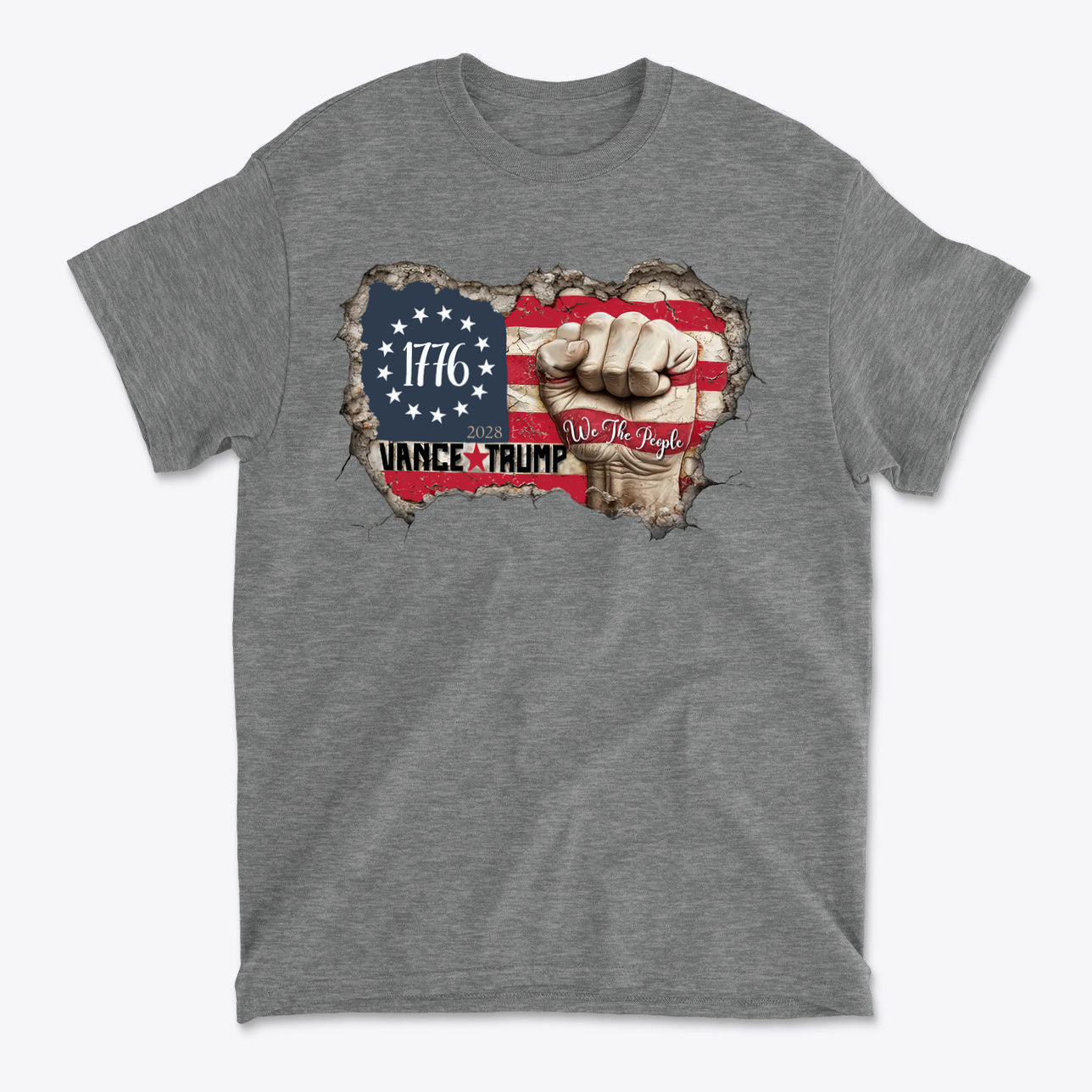 Vance Trump 2028 We The People shirt featuring an American flag design with fists and patriotic elements.