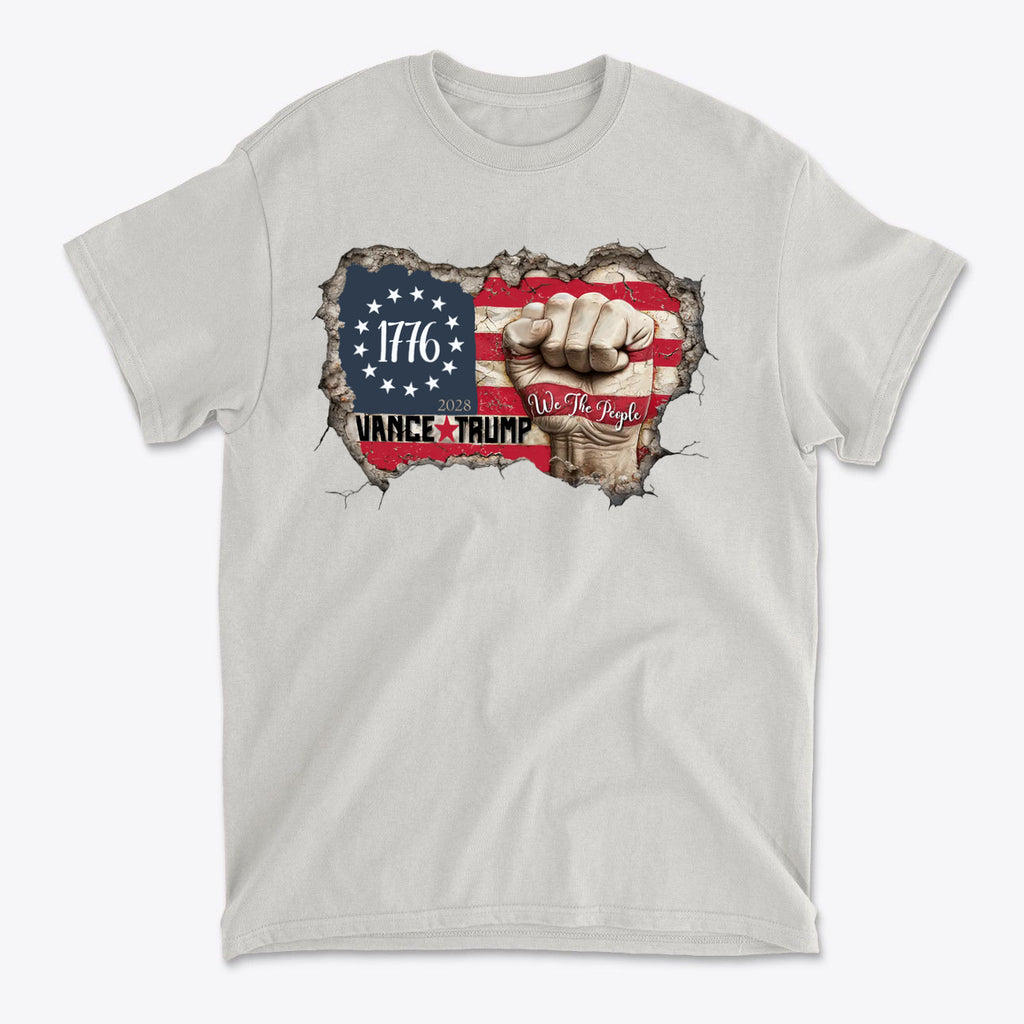 Vance Trump 2028 We The People shirt featuring American flag design with a fist breaking through the wall.