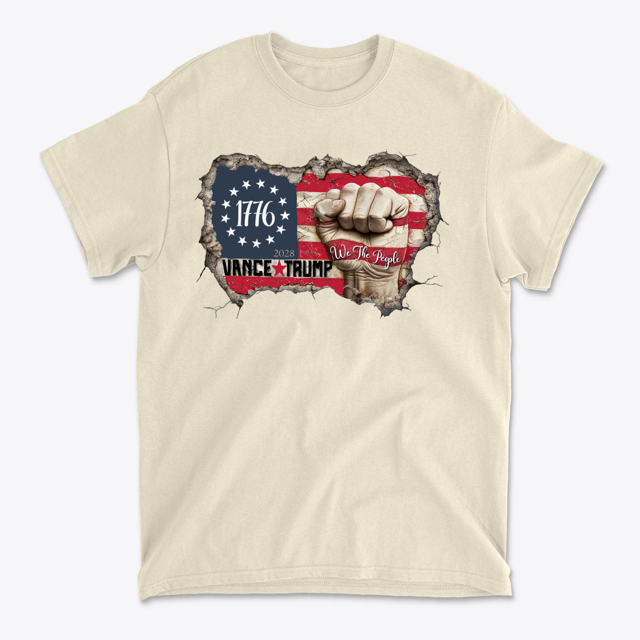 Vance Trump 2028 We The People t-shirt featuring patriotic design and bold statement on cream background.
