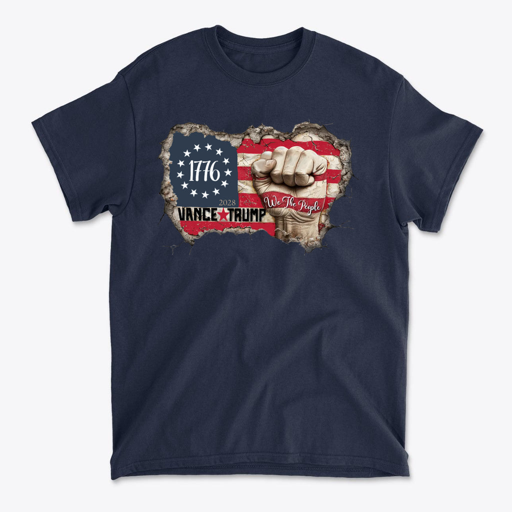 Vance Trump 2028 We The People navy blue t-shirt featuring patriotic design with fist and stars.