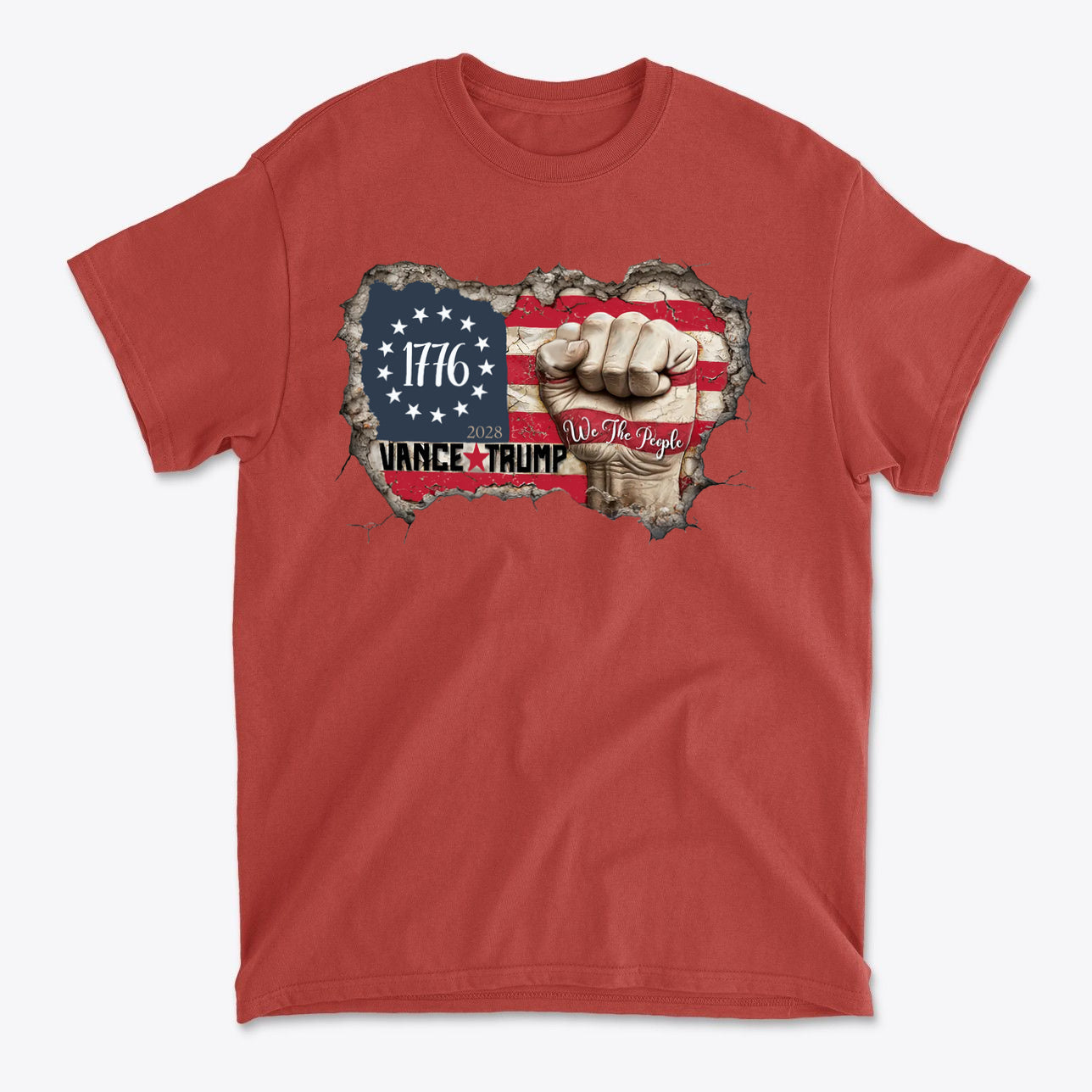Vance Trump 2028 We The People red t-shirt featuring American flag and fist design, symbolizing patriotism.