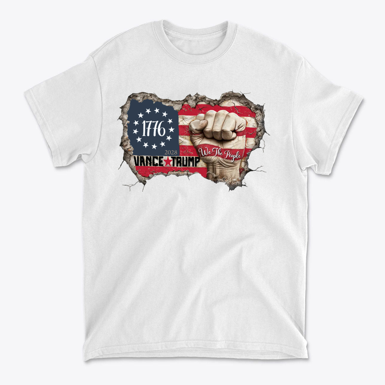 Vance Trump 2028 We The People white t-shirt featuring a patriotic design with 1776 and a raised fist.