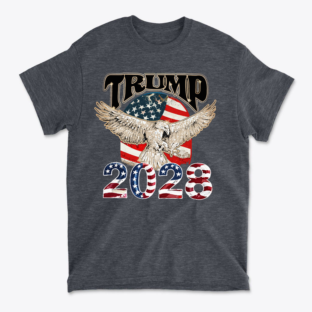 Trump 2028 On USA Flag And Eagle graphic t-shirt featuring an eagle and American flag design.