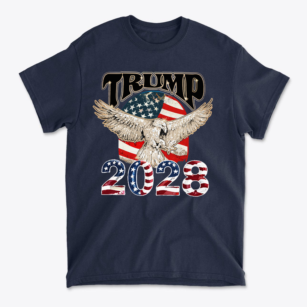 Trump 2028 On USA Flag And Eagle graphic t-shirt showcasing patriotic imagery and bold design.