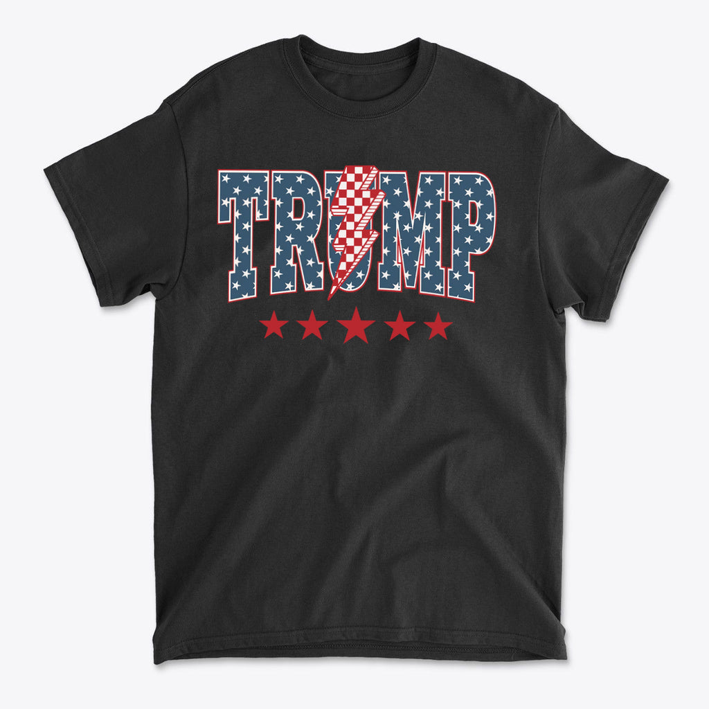 Trump Lightning Bolt Graphic Tee featuring a bold design with stars and stripes.