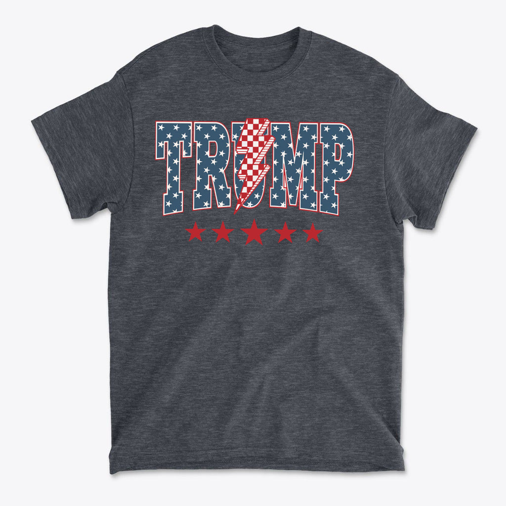 Trump Lightning Bolt Graphic Tee featuring a bold design with stars and stripes.