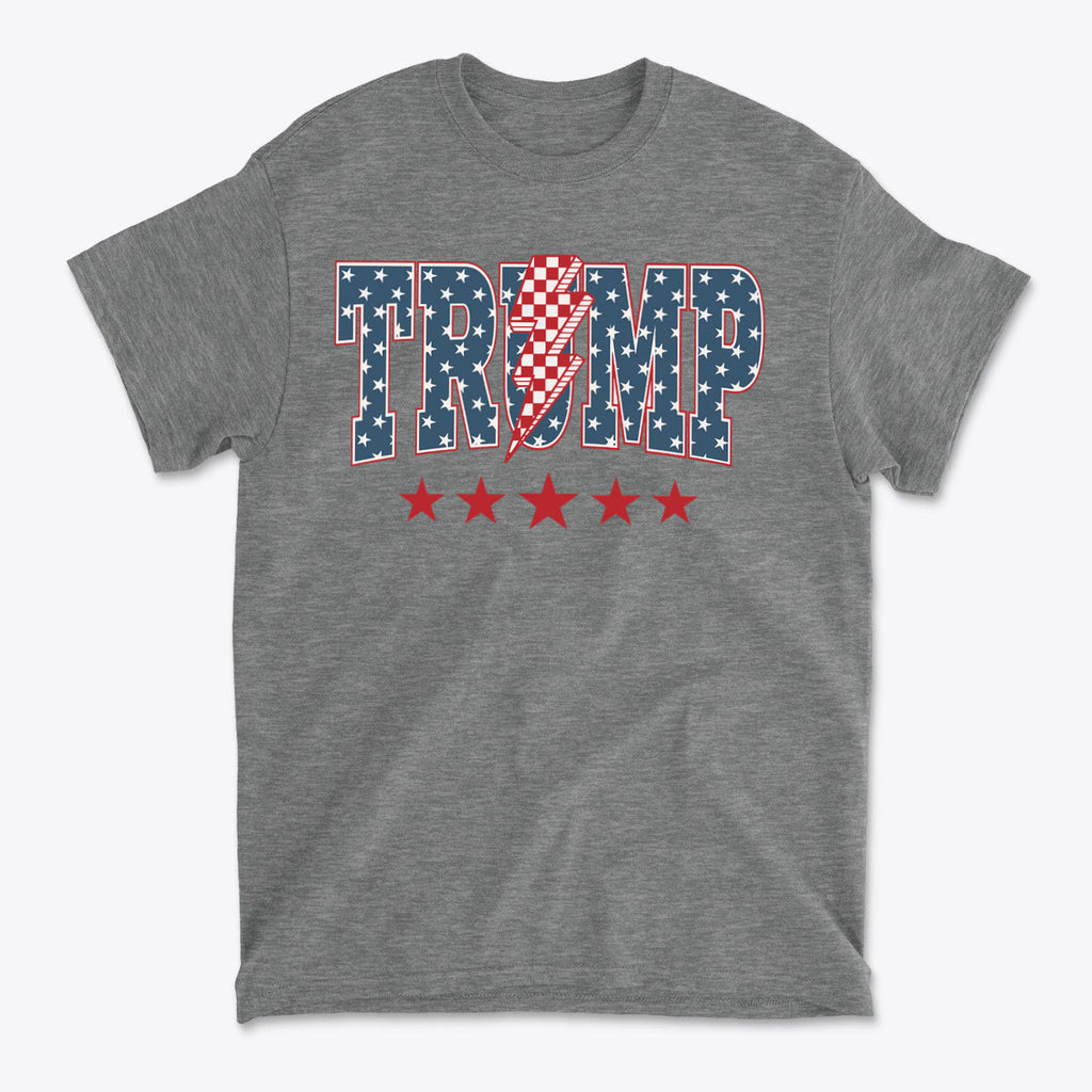 Trump Lightning Bolt Graphic Tee featuring an American flag design, perfect for patriots expressing their values.