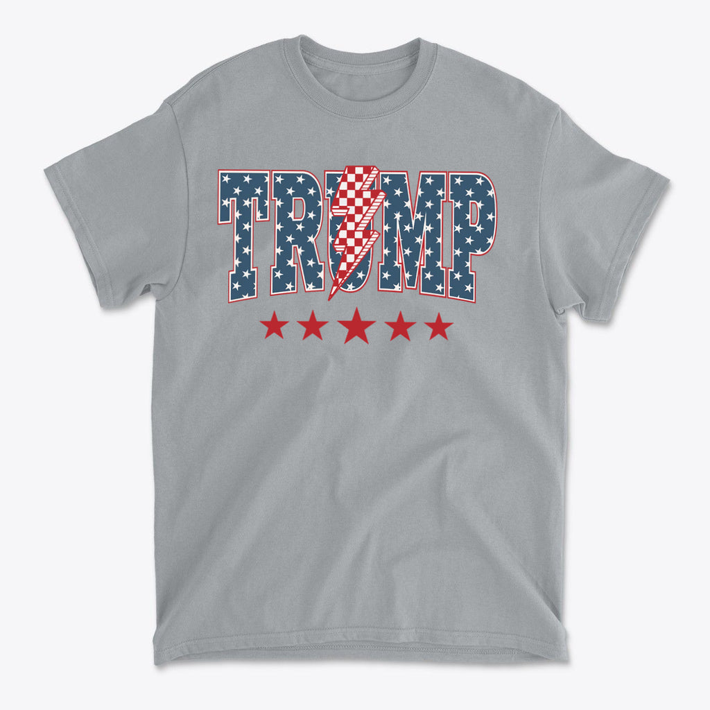 Trump Lightning Bolt Graphic Tee featuring patriotic colors and design with stars.