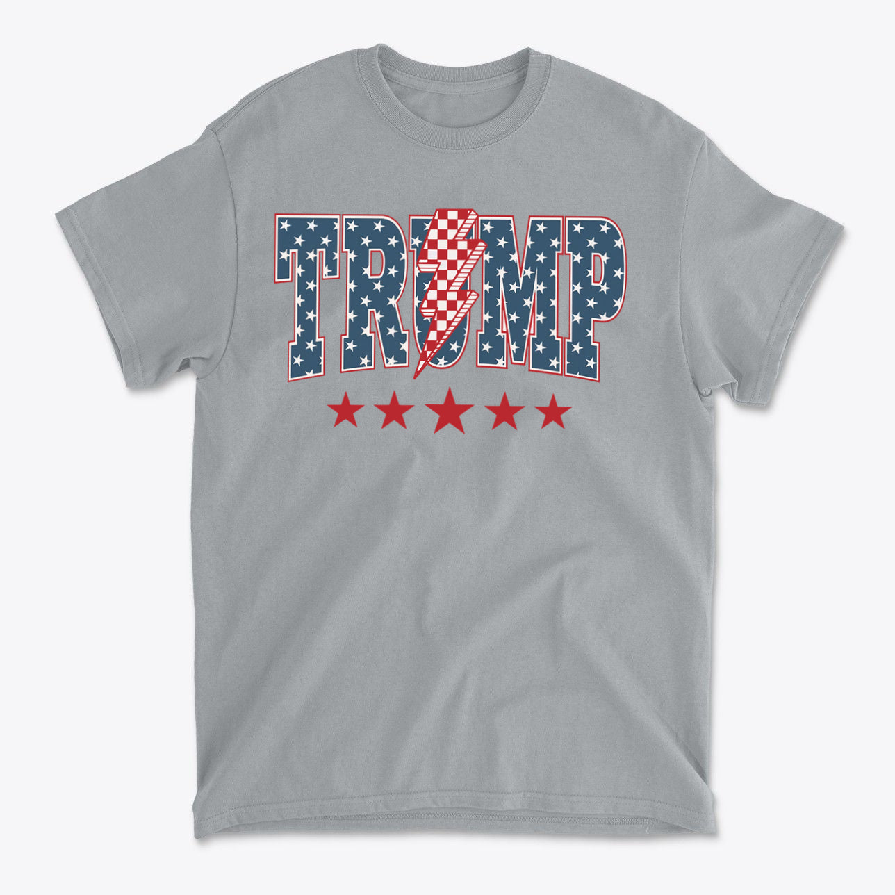 Trump Lightning Bolt Graphic Tee featuring patriotic colors and design with stars.